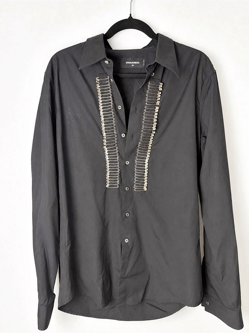 DSQUARED2 Black Safety Pin Embellished Button-Up Shirt Tagged Italian size 54; a